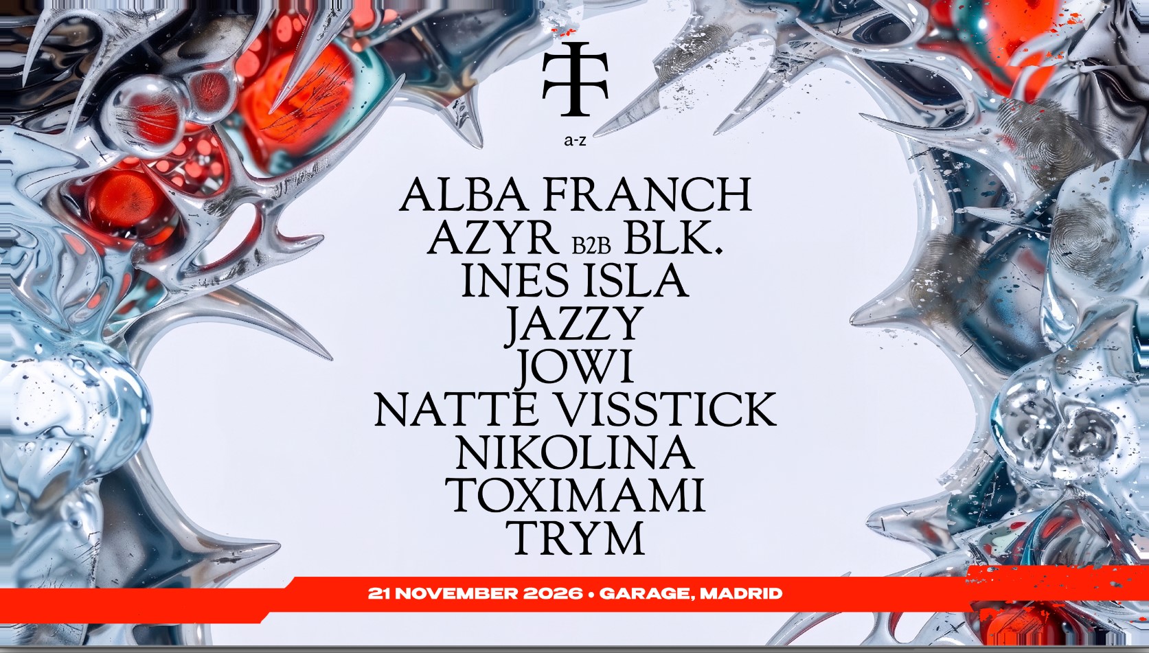 Cartel Teletech Madrid en The Lenovo Garage el 21 de noviembre. Djs Alba Franch, Azir b2b BLK. Ines Isla. Yazzy. Jowi. Nikolina. Toximami. Trym.