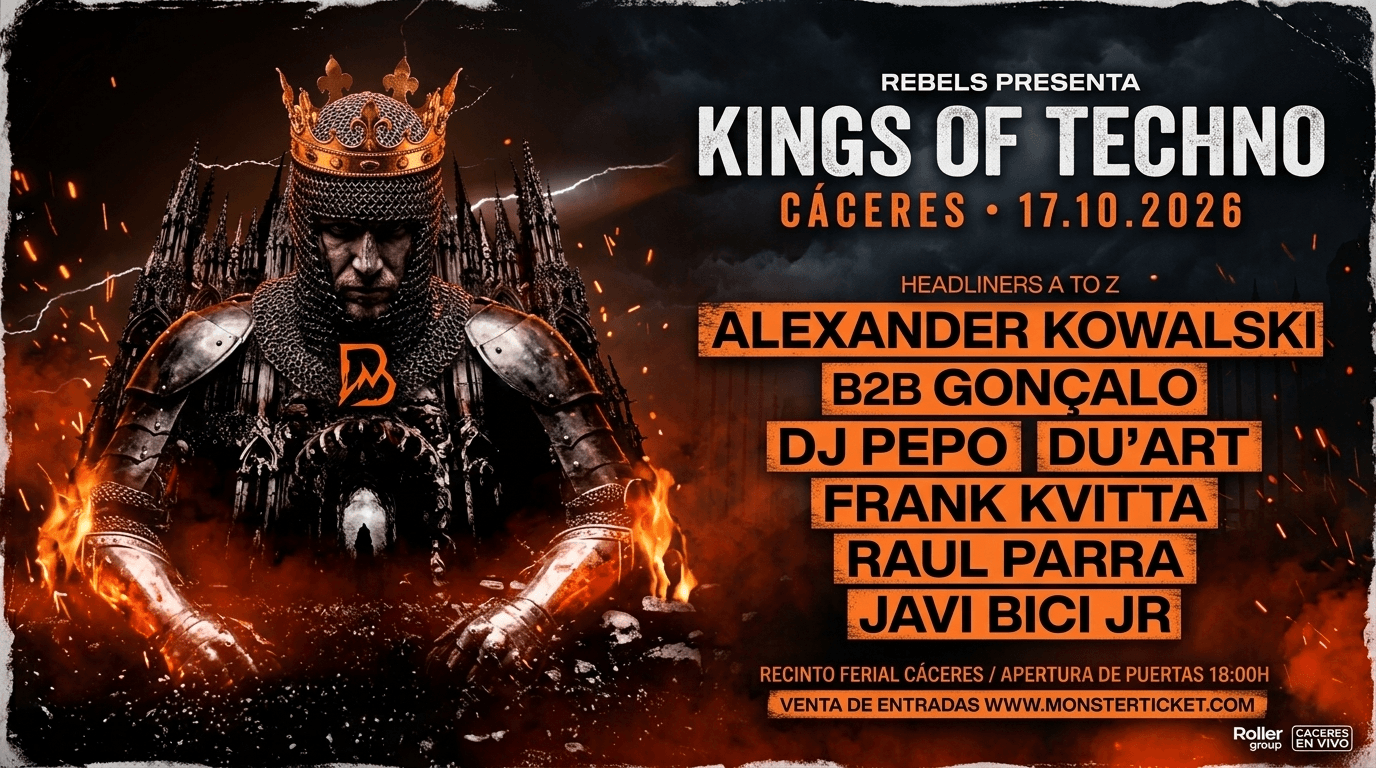 Fiesta Kings of Techno en Cáceres el 17 de octubre . Djs Alexander Kowalski b2b GonCalo. dj Pepo. Du'art. Frank kvitta. Raul Parra. Javi Bici Jr 