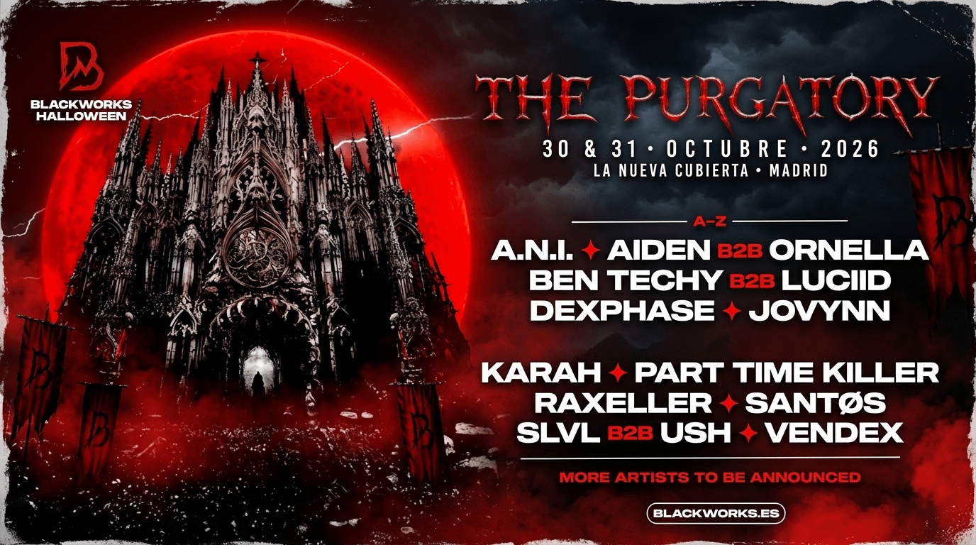Festival The Purgatory los dias 30 y 31 de octubre en La Nueva Cubierta, Madrid. Djs A.N.I. Aiden. Ornella. Ben Techy. Luciid. Dexphase. Jon Ynn. Karah. Part Time Killer. Raxeller. Santos. Slvl. Ush. Vendex