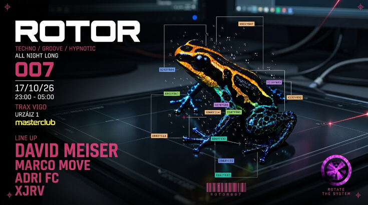 Fiesta Rotor 007 en Vigo, en Masterclub, con DJs David Miser, Marco Move, Adri FC y XJRV